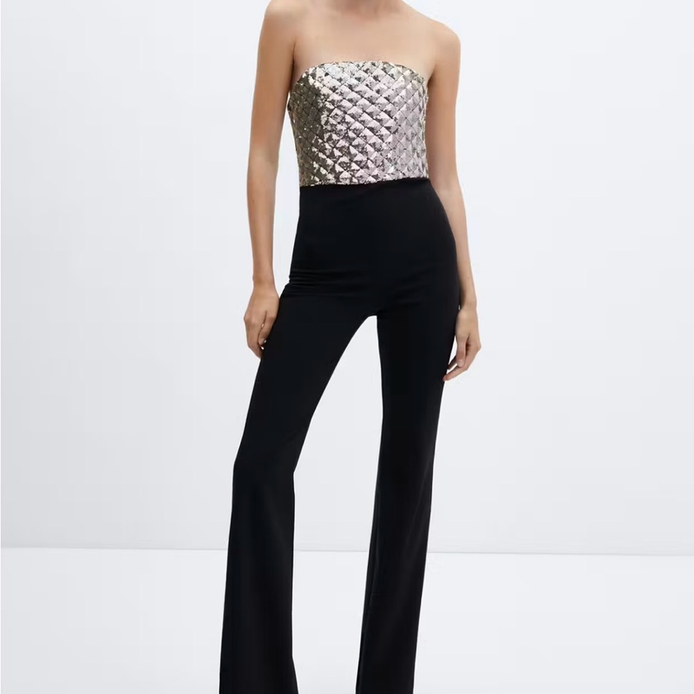 Mango Strapless Quilted Metallic Bodice Jumpsuit in Silver and Black